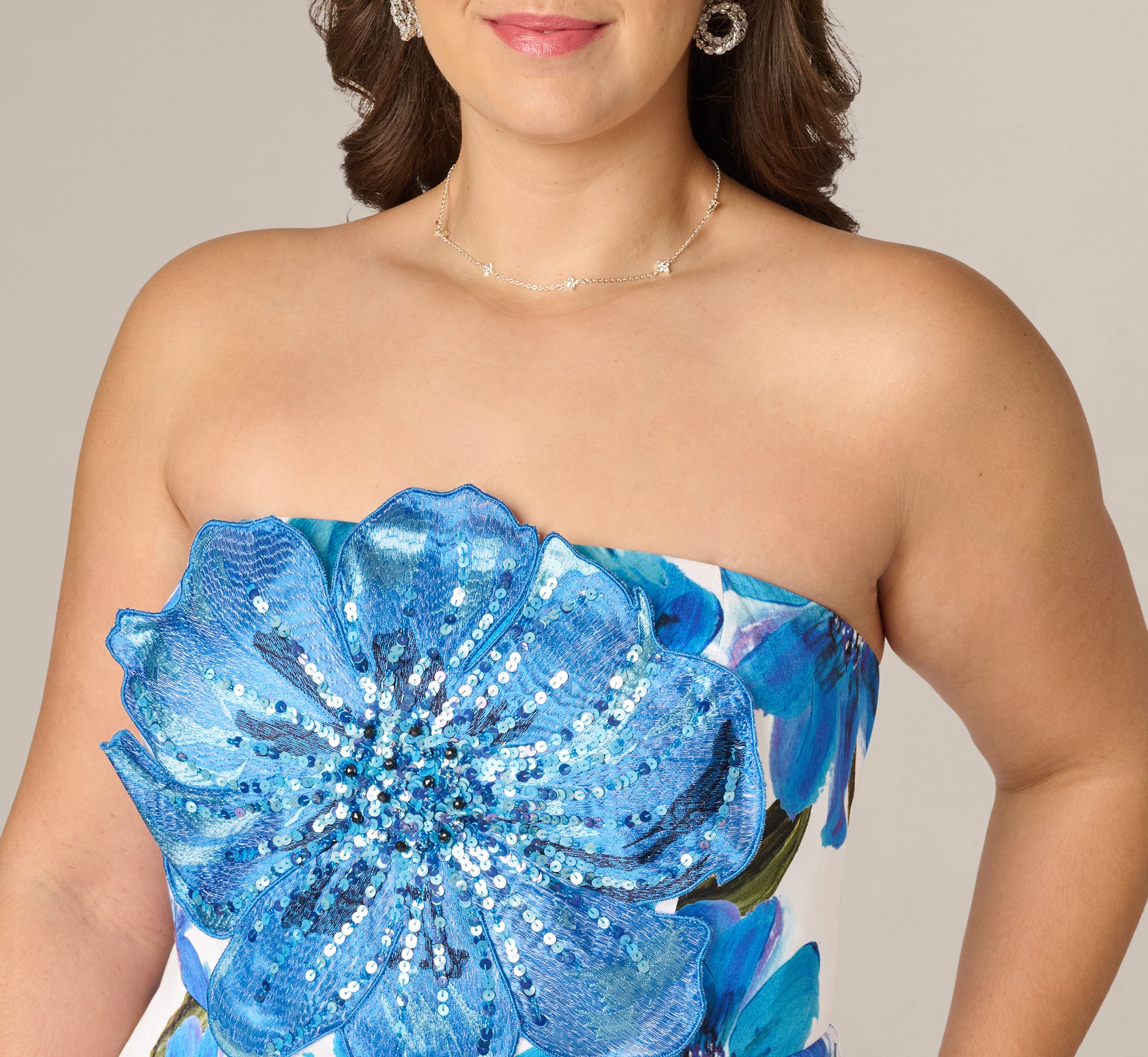 Ivory Blue Multi Plus Size Strapless 3D Floral Beaded Dupioni Gown