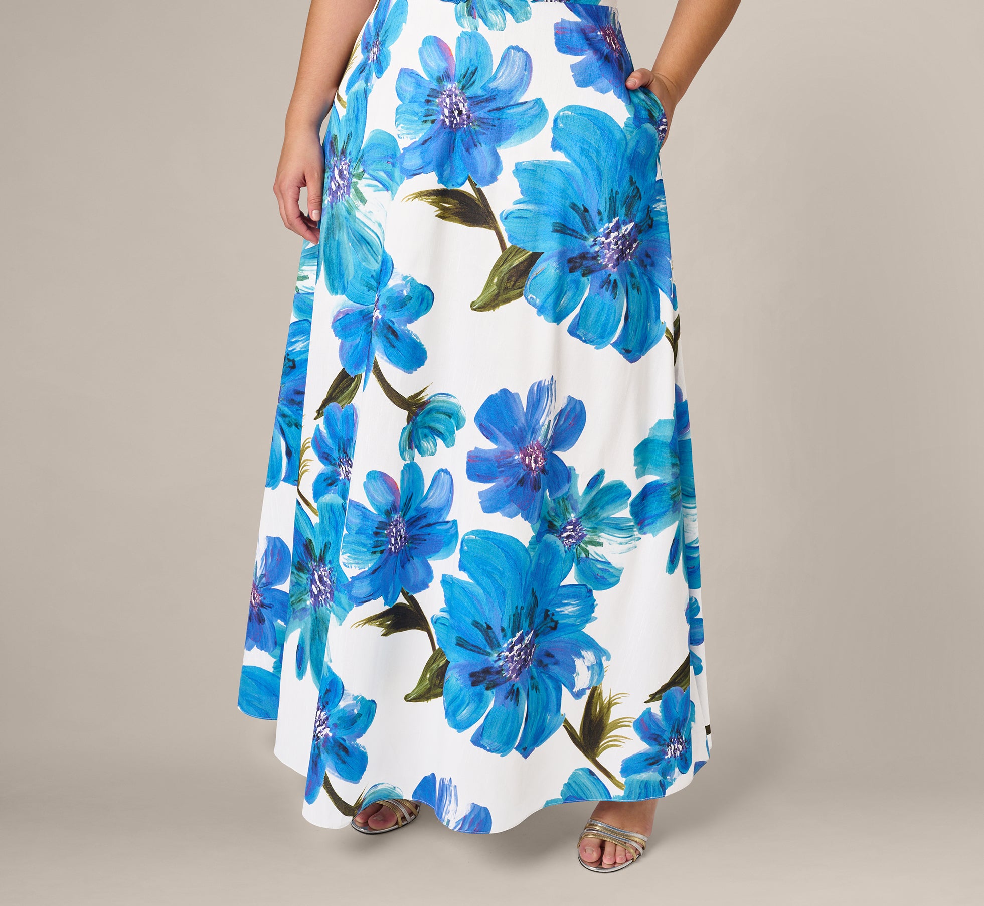 Blue Plus Size Strapless 3D Floral Beaded Dupioni Gown - Adrianna