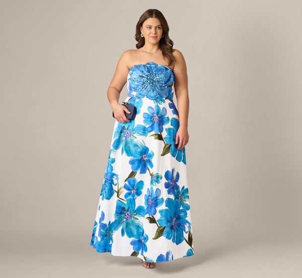 Adrianna Papell Plus Size Strapless Floral Embellished Dupioni Long Dress, Womens, 16W, Ivory/Blue