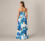 Strapless 3D Floral Beaded Dupioni Gown In Ivory Blue Multi 6