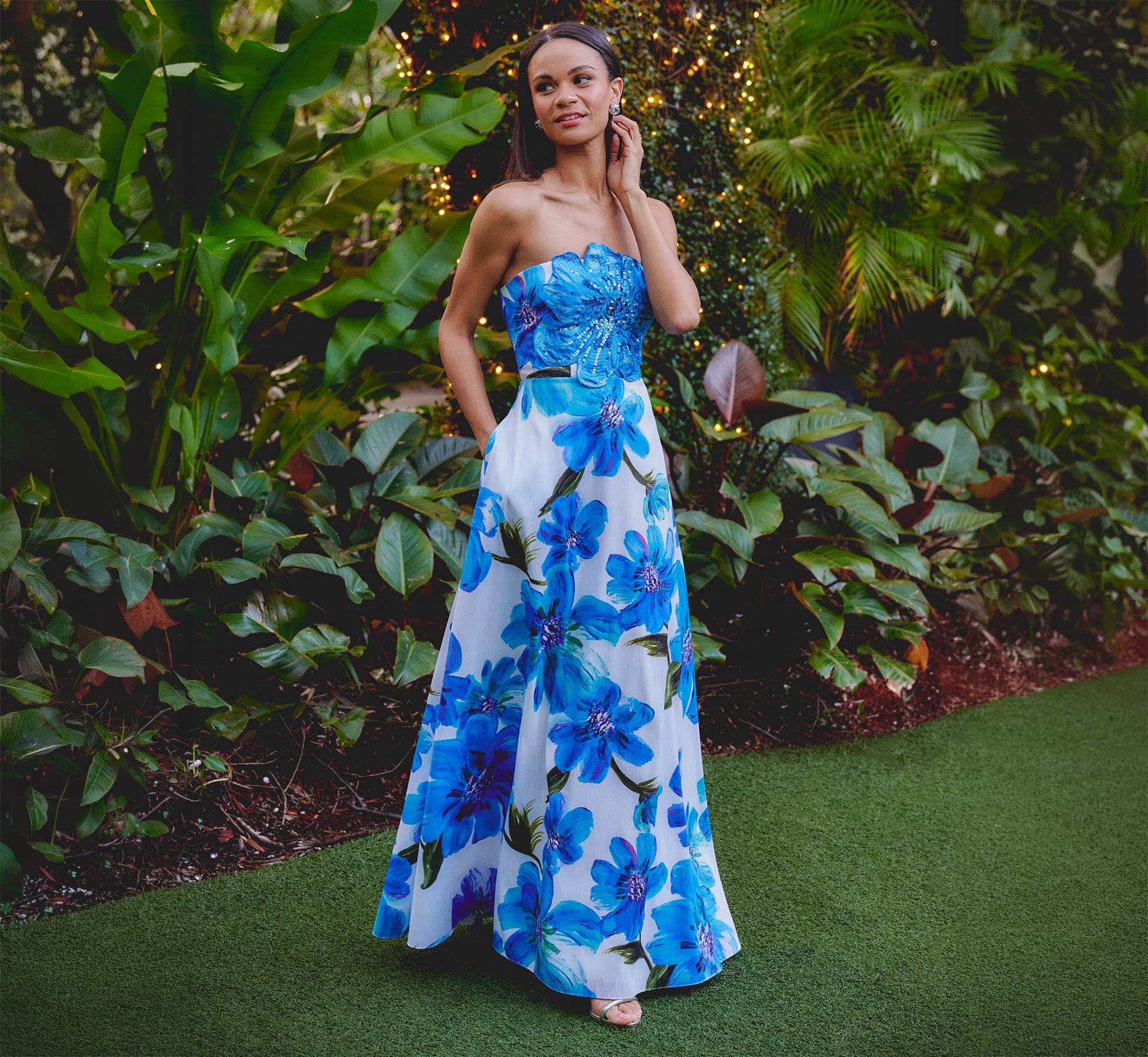 Strapless 3D Floral Beaded Dupioni Gown In Ivory Blue Multi 1