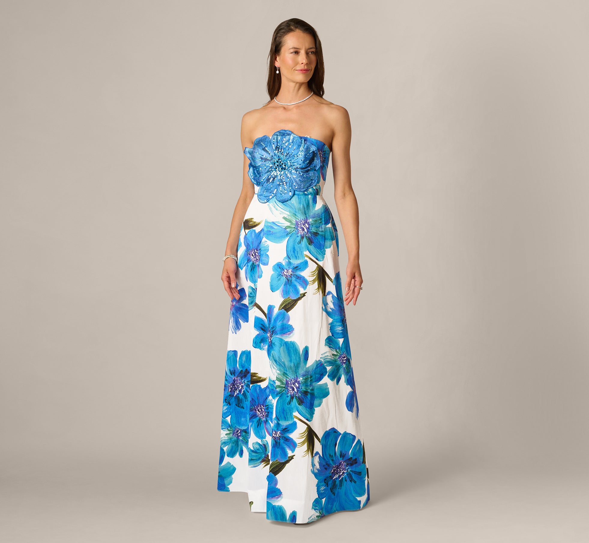 green emerald velvet dress Strapless 3D Floral Beaded Dupioni Gown In Ivory Blue Multi