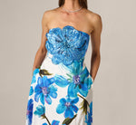 Strapless 3D Floral Beaded Dupioni Gown In Ivory Blue Multi 4