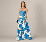 Strapless 3D Floral Beaded Dupioni Gown In Ivory Blue Multi 2