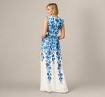 Chiffon Floral Vine Border Print Gown In Ivory Blue 5