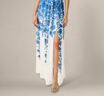 Chiffon Floral Vine Border Print Gown In Ivory Blue 4
