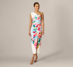 One Shoulder Floral Twill Midi Dress In Blue Multi 2