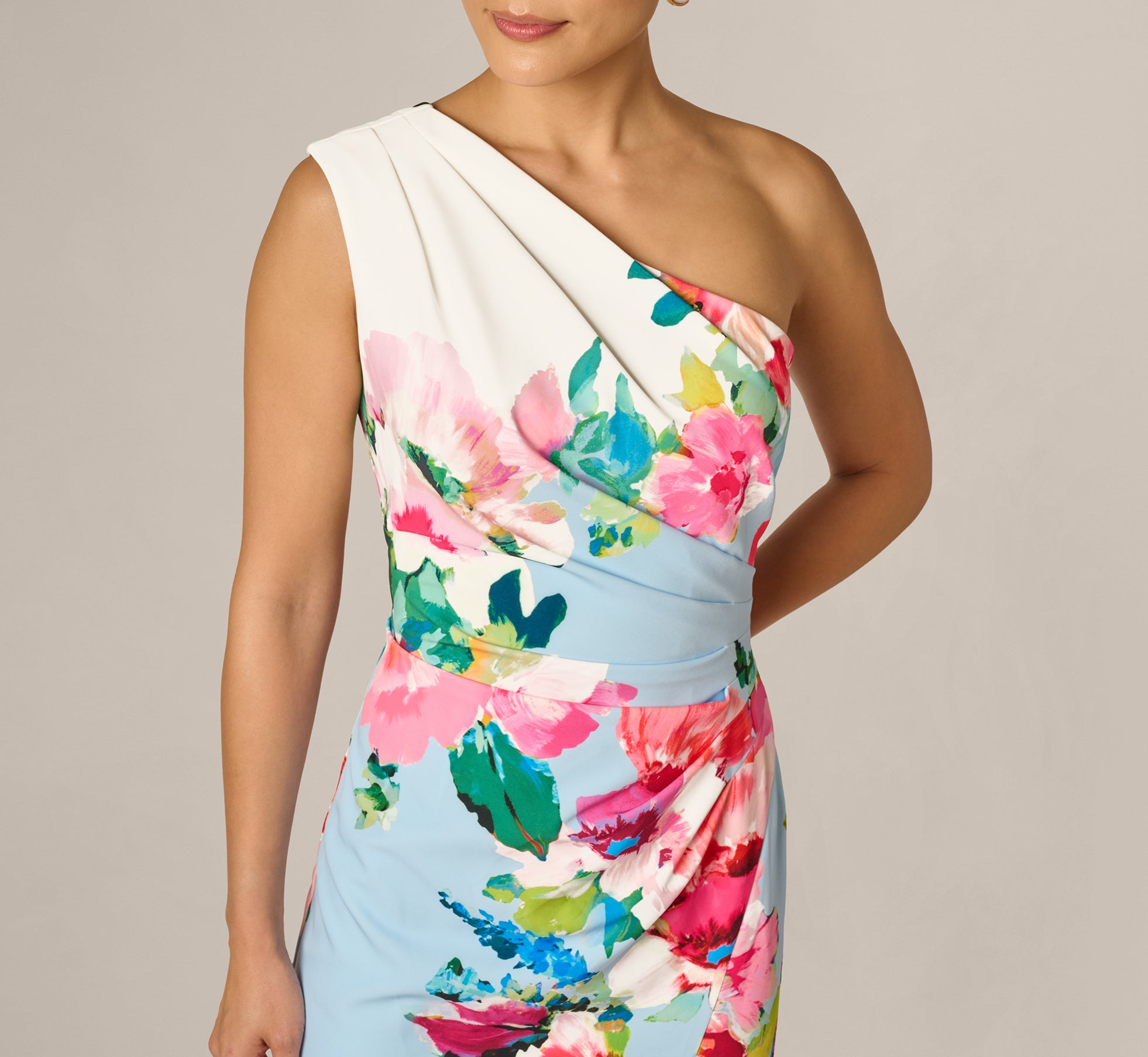 Blue Multi One Shoulder Floral Twill Midi Dress