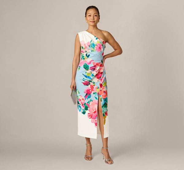 one shoulder irregular fuzzy hem midi dress Adrianna Papell Floral Print One Shoulder Twill Midi Gown, Womens, 12, Blue Multi