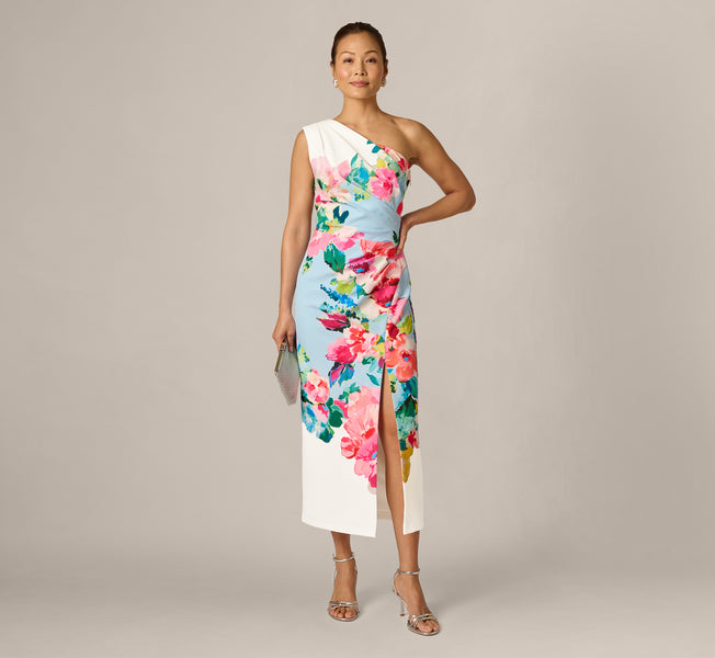 One Shoulder Floral Twill Midi Dress In Blue Multi