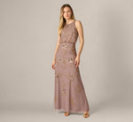 Sleeveless Floral Beaded Sequin Blouson Gown In Stone 2