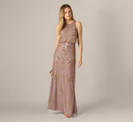 Sleeveless Floral Beaded Sequin Blouson Gown In Stone 1