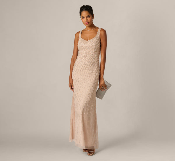 adrianna papell women's mock-neck knit mermaid dress Diamond Beaded Gown In Shell, Shell / Regular / 16 non-returnable