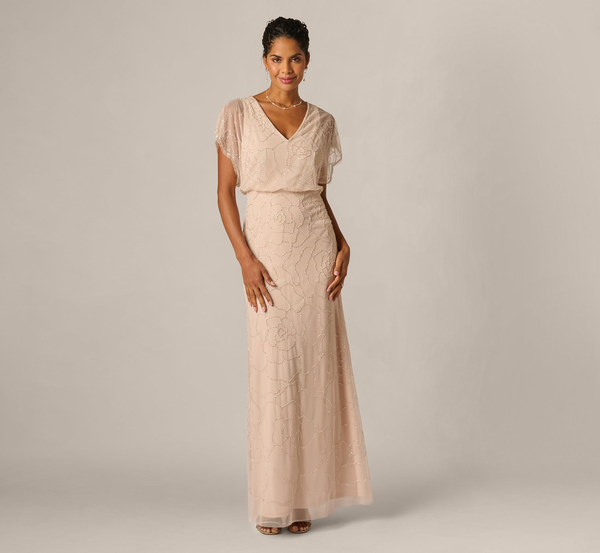 Adrianna Papell Women's Bead Blouson V-Neck Long Dress - Shell