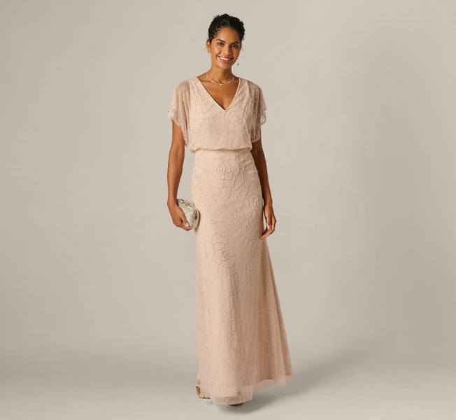 Adrianna Papell Women's Bead Blouson V-Neck Long Dress - Shell