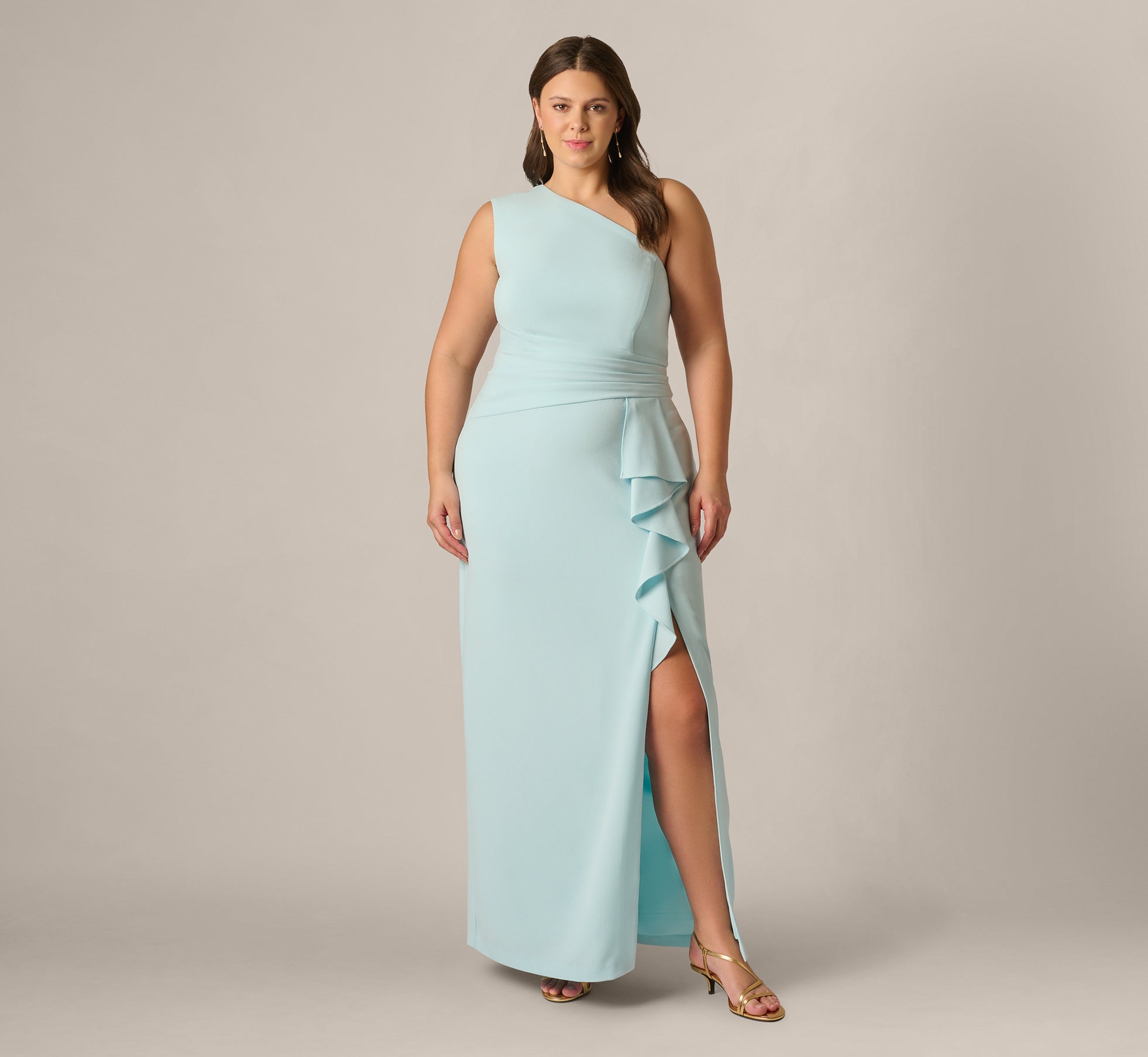 Plus Size One Shoulder Draped Ruffle Stretch Gown In Clear Sky