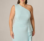 Plus Size One Shoulder Draped Ruffle Stretch Gown In Clear Sky 3