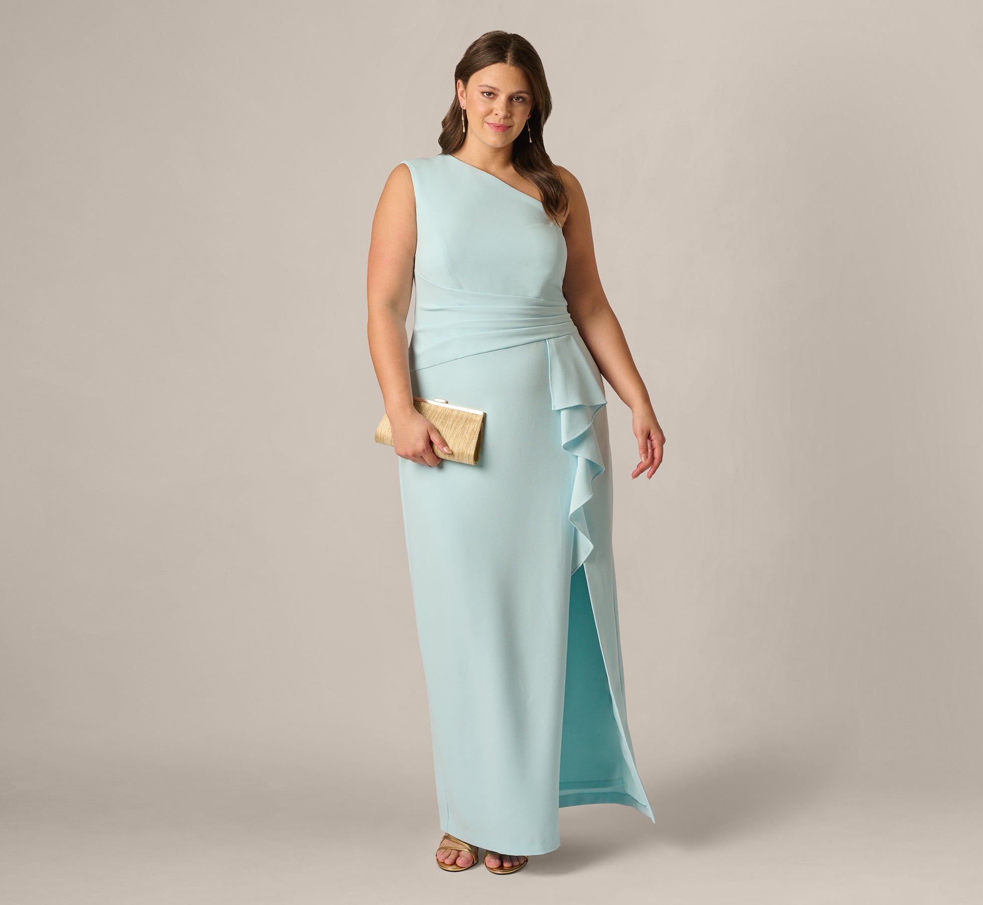 Plus Size One Shoulder Draped Ruffle Stretch Gown In Clear Sky 1