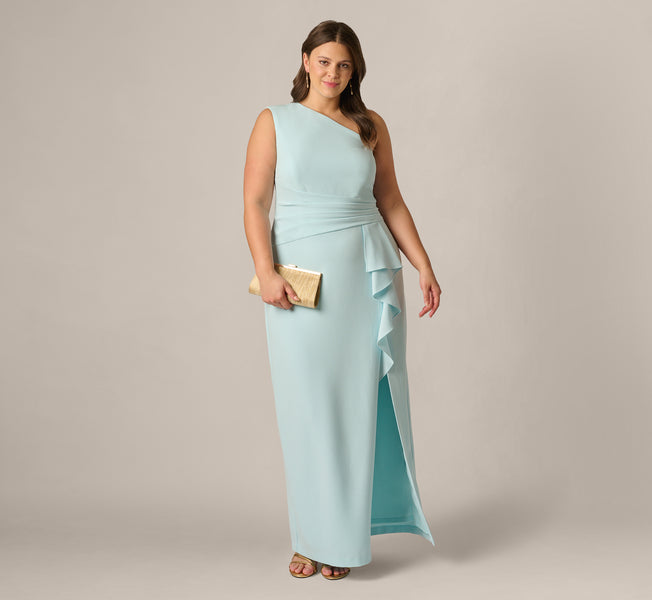 plus size one shoulder maxi dress Draped Ruffle Stretch Gown In Clear Sky size maxi dress features Color:platinum Muslim Gift Adrielle Knit Dress Reformation