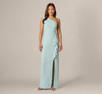 One Shoulder Draped Ruffle Stretch Gown In Clear Sky 2