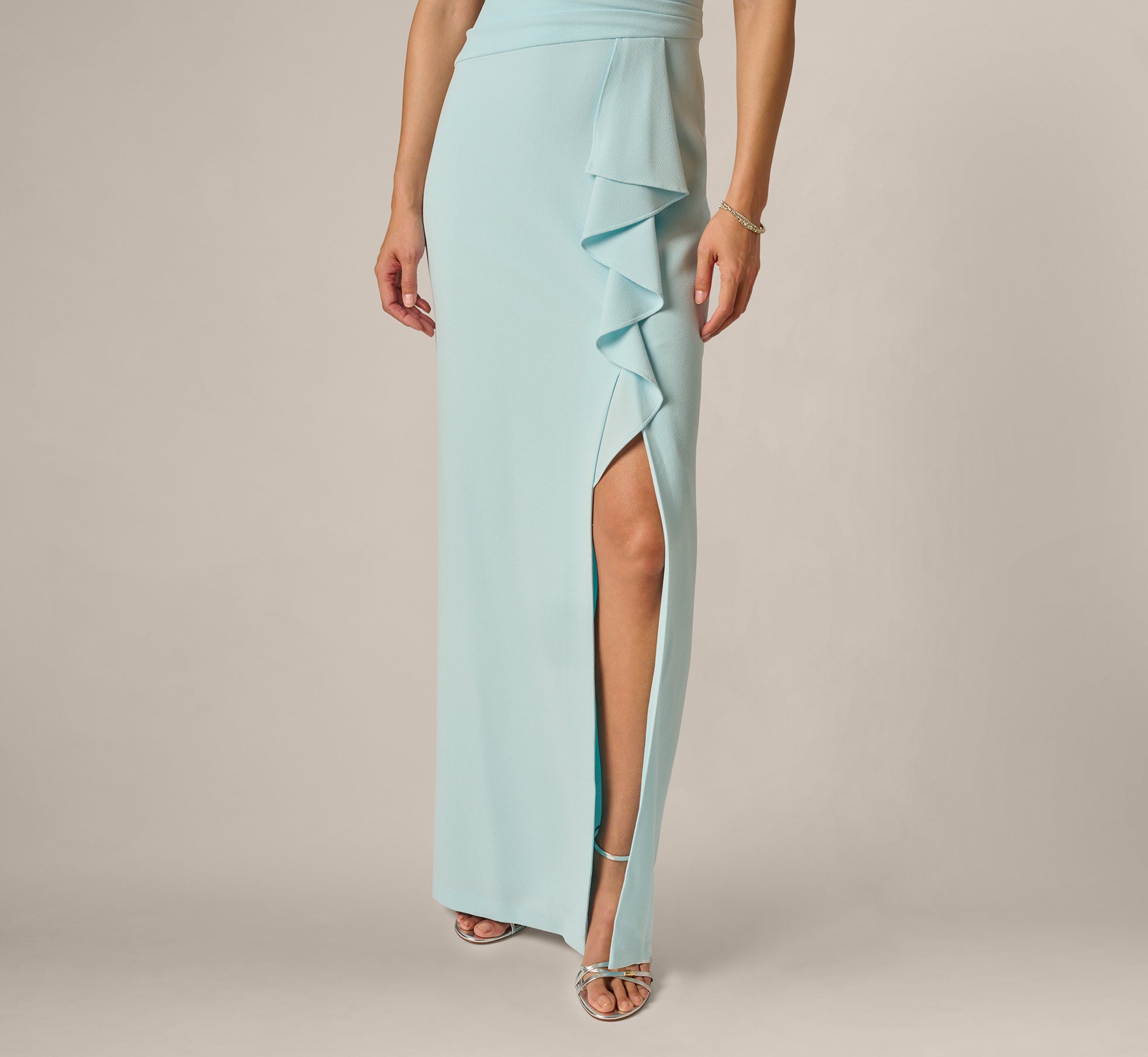 Blue One Shoulder Draped Ruffle Stretch Gown - Adrianna Papell