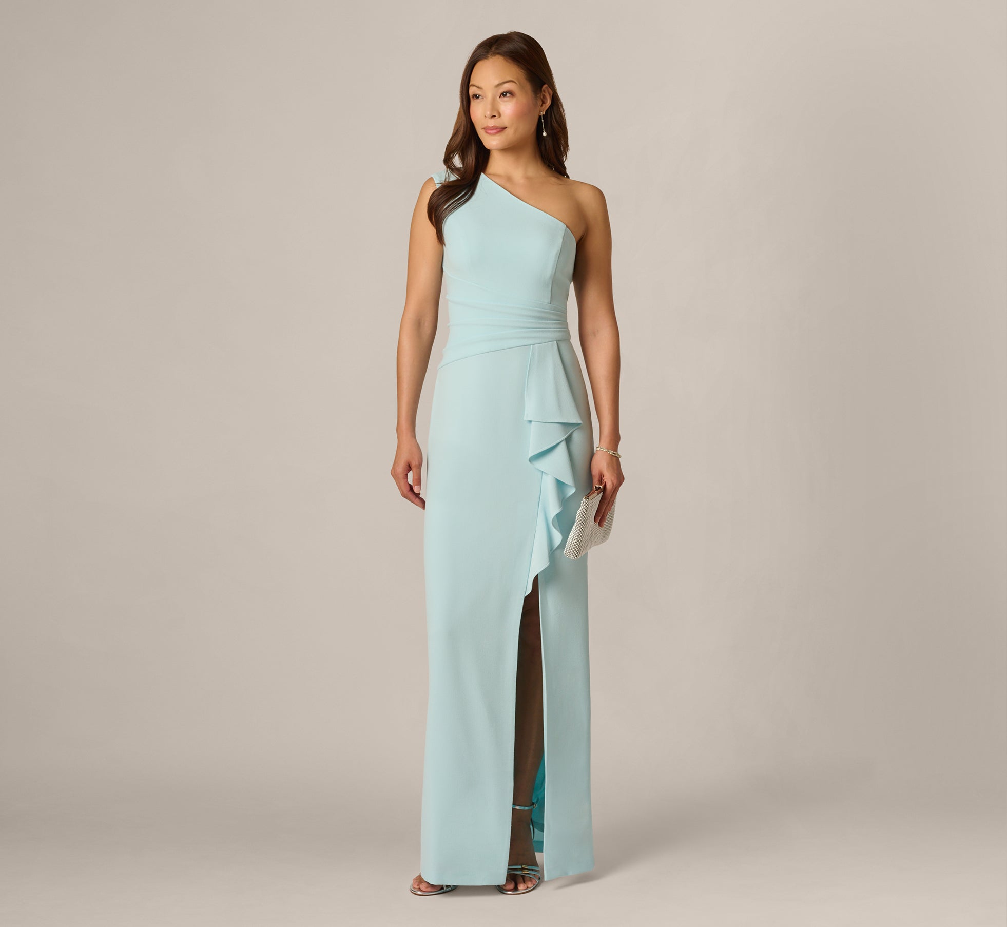 One Shoulder Draped Ruffle Stretch Gown In Clear Sky 1