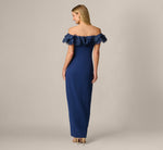 Off Shoulder Organza Rosette Flounce Gown In Navy Sateen 5