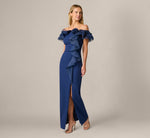 Off Shoulder Organza Rosette Flounce Gown In Navy Sateen 2
