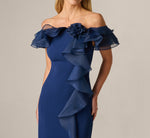 Off Shoulder Organza Rosette Flounce Gown In Navy Sateen 3