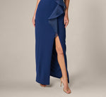 Off Shoulder Organza Rosette Flounce Gown In Navy Sateen 4