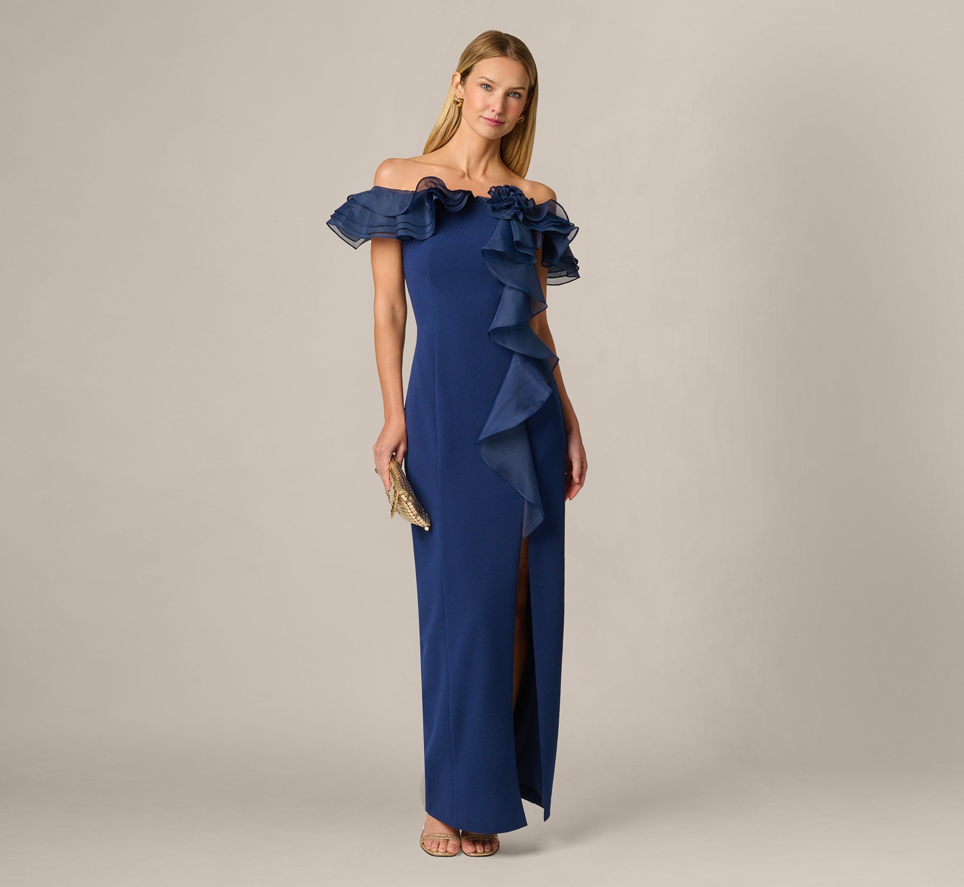 Off Shoulder Organza Rosette Flounce Gown In Navy Sateen 1