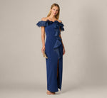 Off Shoulder Organza Rosette Flounce Gown In Navy Sateen 1