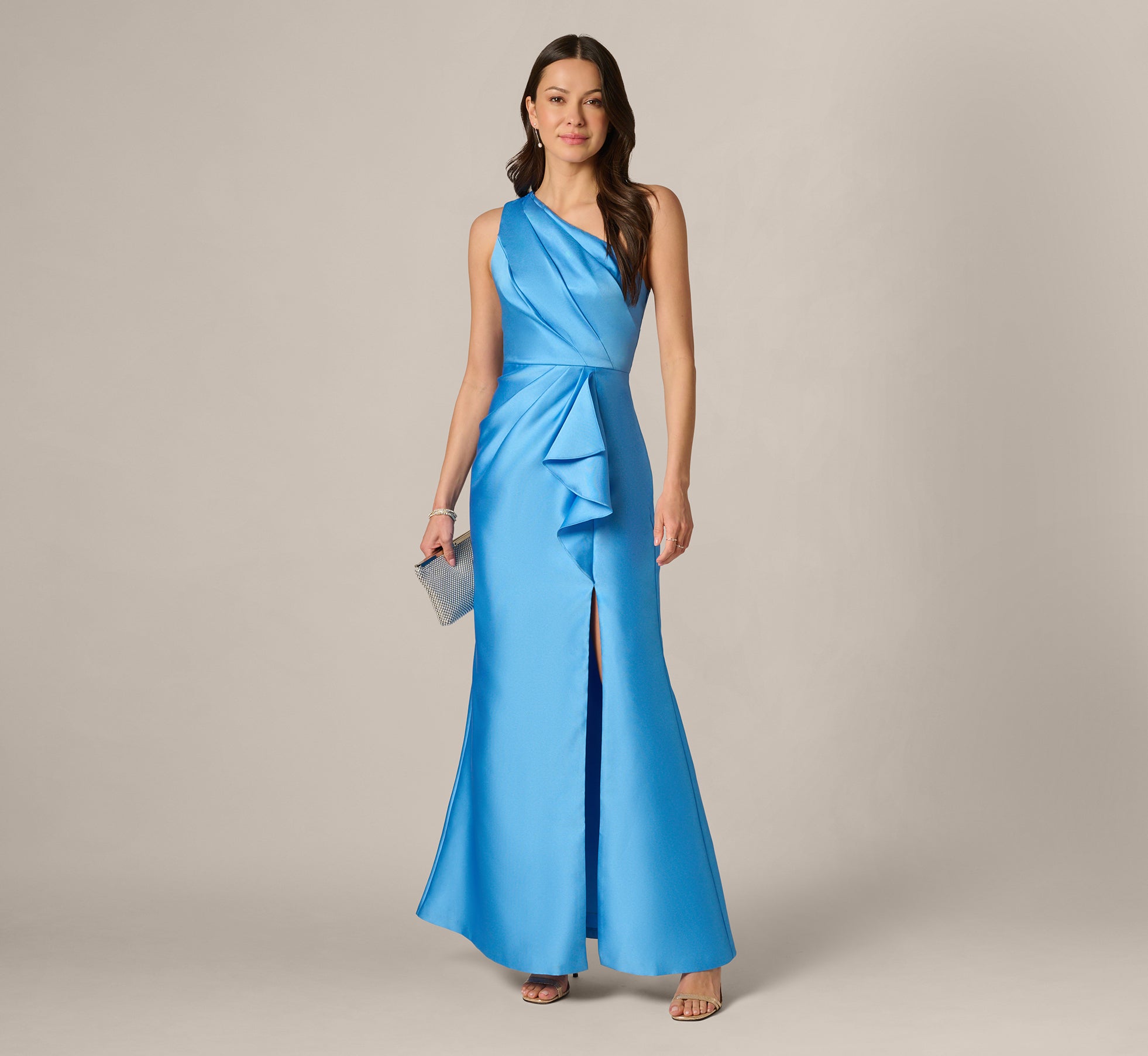 Blue One Shoulder Draped Mikado Gown - Adrianna Papell Blue One Shoulder Draped Mikado Gown - Adrianna Papell