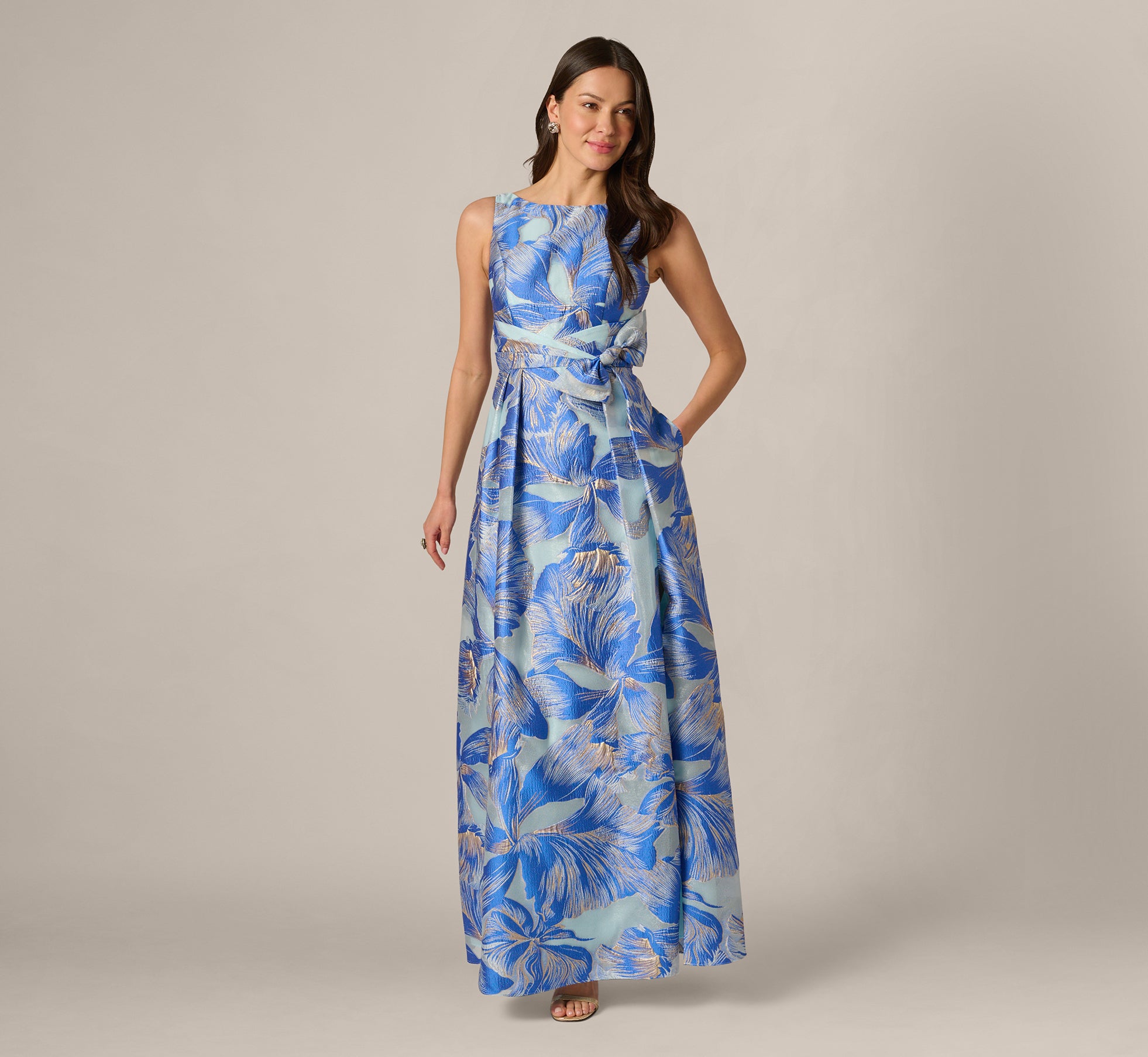 chinese dress ladies Metallic Iris Floral Organza Gown In Blue Multi