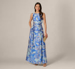 Metallic Iris Floral Organza Gown In Blue Multi 1