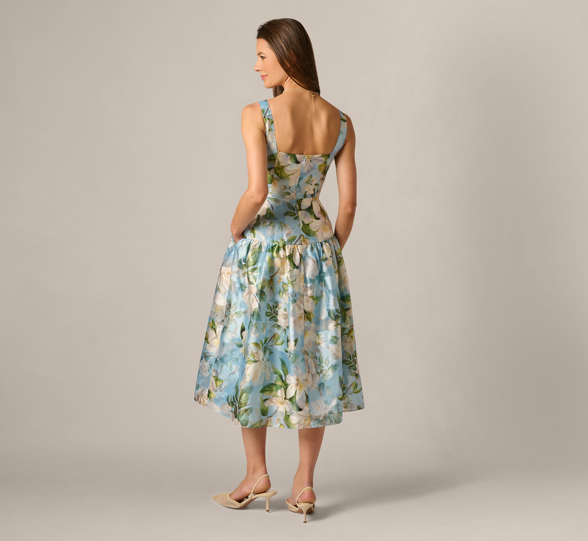 Square Neck Drop Waist Floral Jacquard Dress In Blue Multi Square Neck Drop Waist Floral Jacquard Dress In Blue Multi