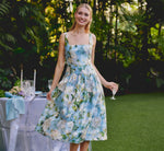 Square Neck Drop Waist Floral Jacquard Dress In Blue Multi 1