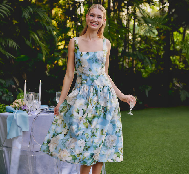 Blue Multi Square Neck Drop Waist Floral Jacquard Dress