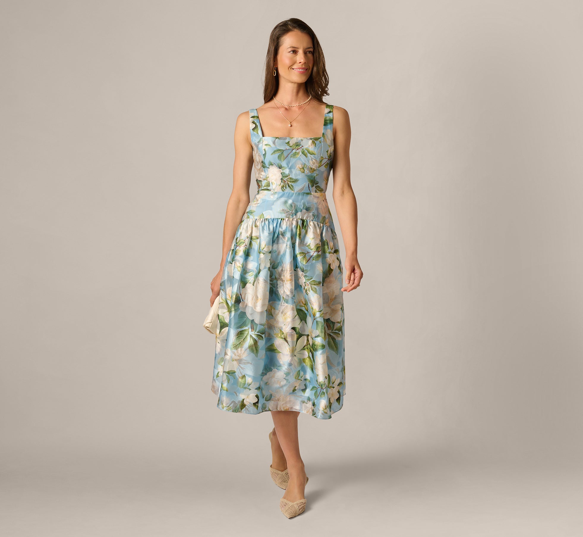 Multi Colored Square Neck Drop Waist Floral Jacquard Dress - Adrianna Papell Multi Colored Square Neck Drop Waist Floral Jacquard Dress - Adrianna Papell