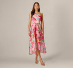Petite One Shoulder Watercolor Organza High Low Midi Dress In Ivory Multi 2