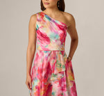 Petite One Shoulder Watercolor Organza High Low Midi Dress In Ivory Multi 3