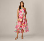 Petite One Shoulder Watercolor Organza High Low Midi Dress In Ivory Multi 1