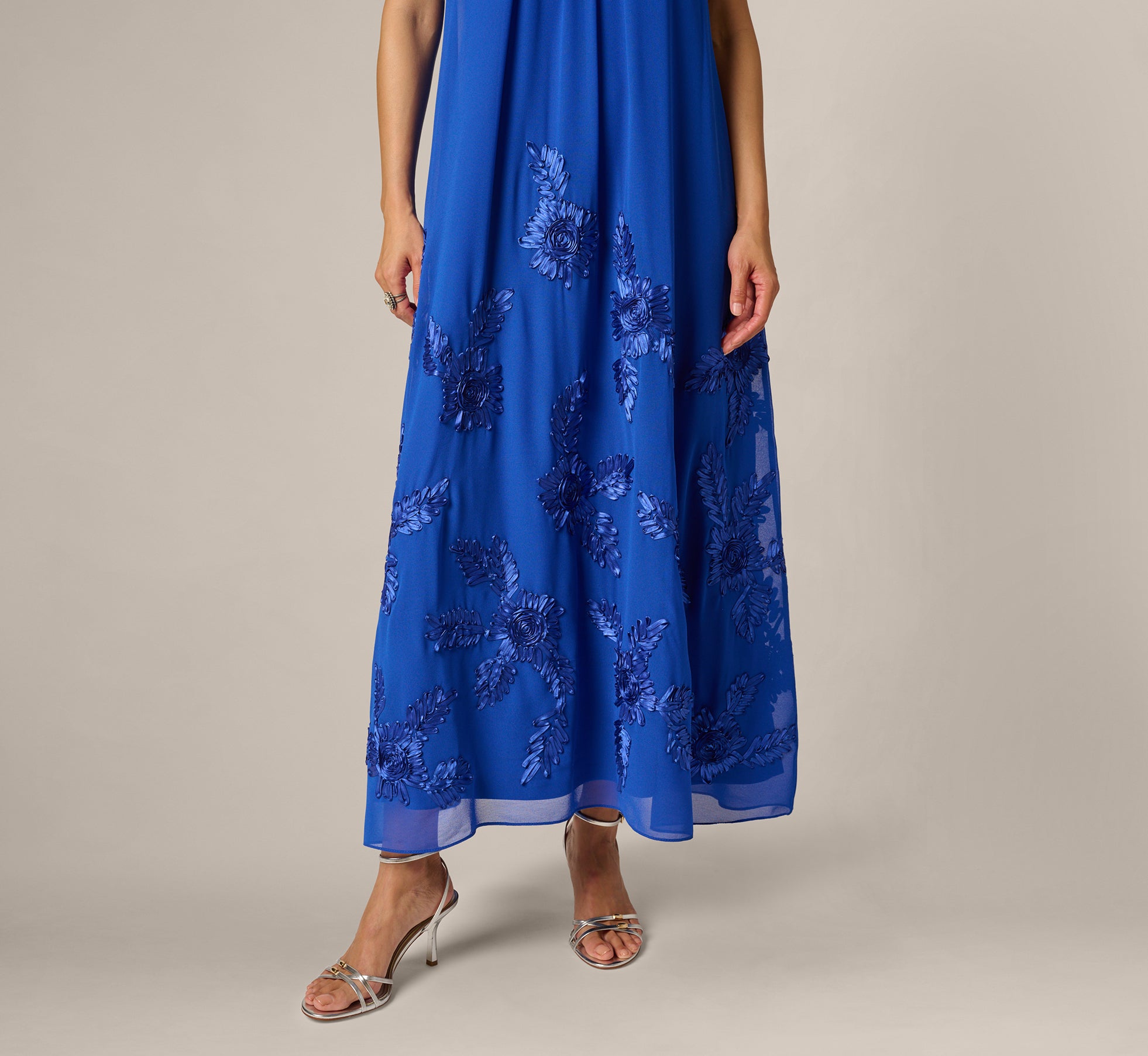 Blue Georgette Soutache Embroidery Trapeze Halter Dress - Adrianna Papell