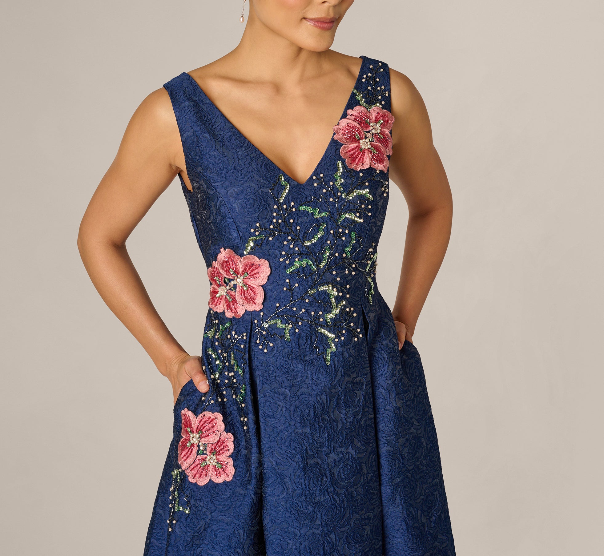 Navy Jacquard Floral Beaded Fit And Flare Midi Dress - Adrianna Papell Navy Jacquard Floral Beaded Fit And Flare Midi Dress - Adrianna Papell