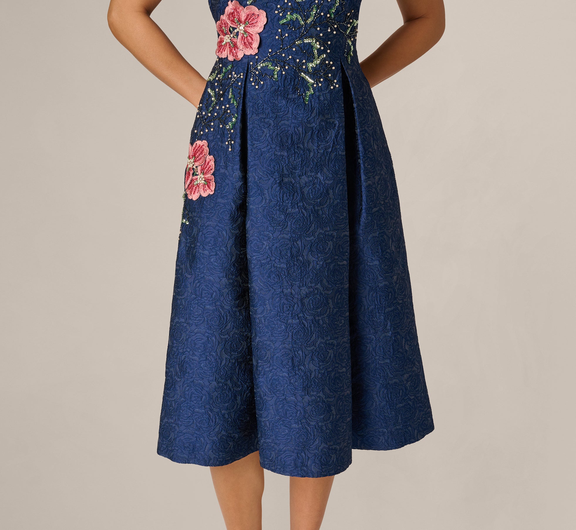 Navy Jacquard Floral Beaded Fit And Flare Midi Dress - Adrianna Papell Navy Jacquard Floral Beaded Fit And Flare Midi Dress - Adrianna Papell