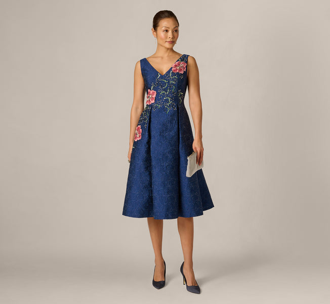 adrianna papell crewneck fit & flare dress Beaded Jacquard Fit & Flare Cocktail Dress In Blue