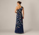 One Shoulder Floral Garden Beaded Gown In Navy Multi 5