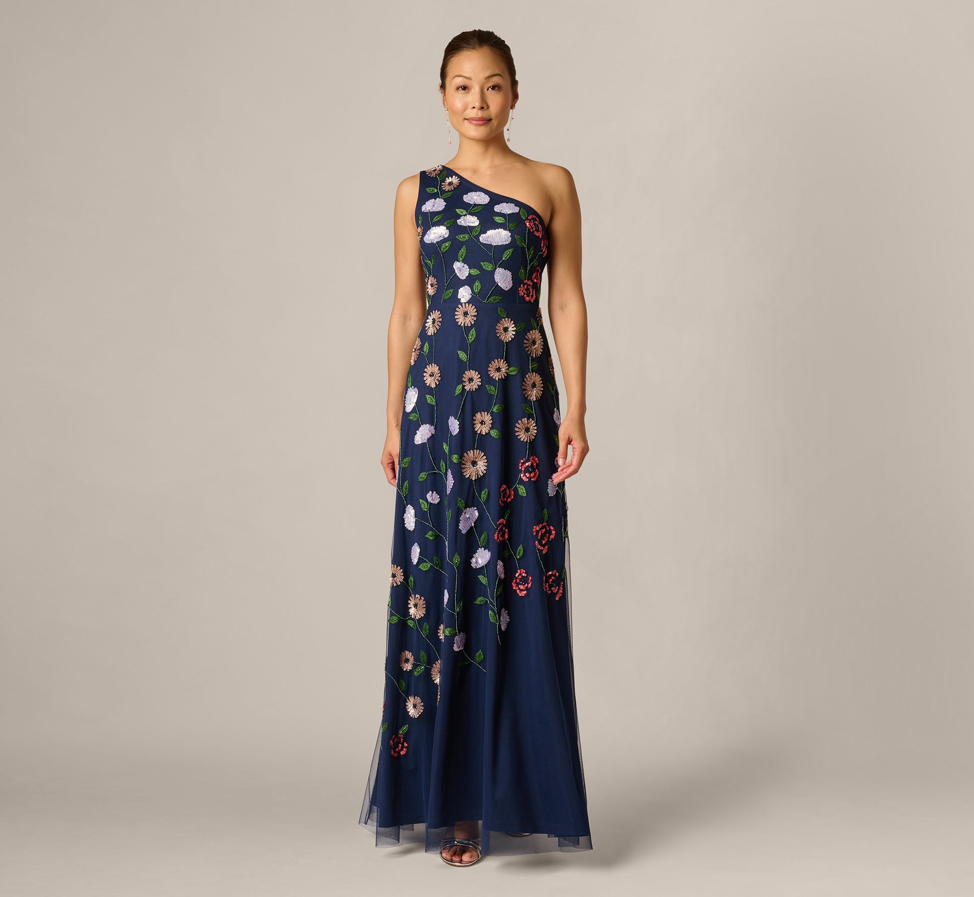 adrianna papell off shoulder dress with floral embellishment Adrianna Papell Women's Beaded One-Shoulder Mesh Gown - Blue