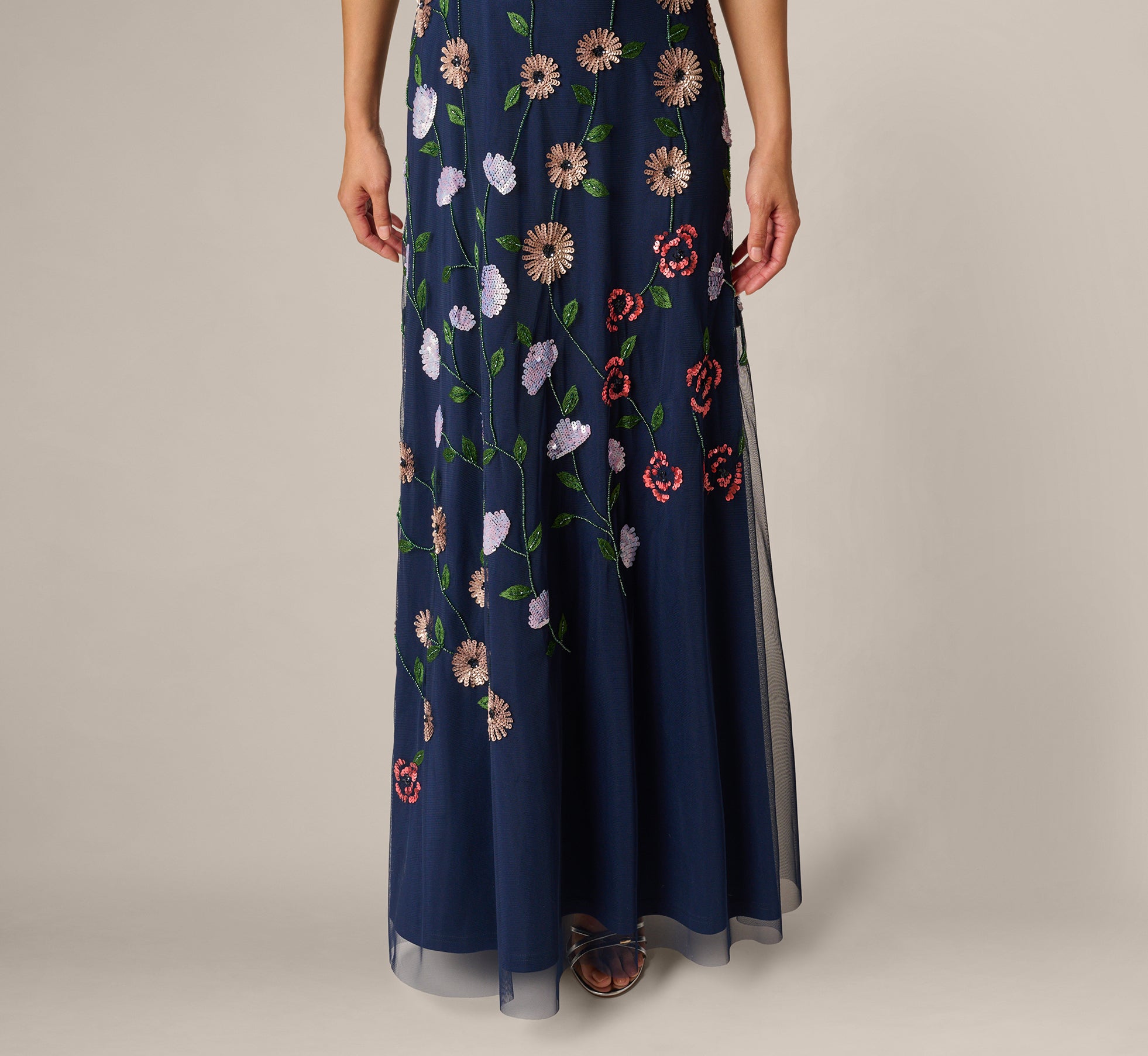 Navy One Shoulder Floral Garden Beaded Gown - Adrianna Papell