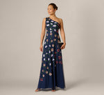 One Shoulder Floral Garden Beaded Gown In Navy Multi 1